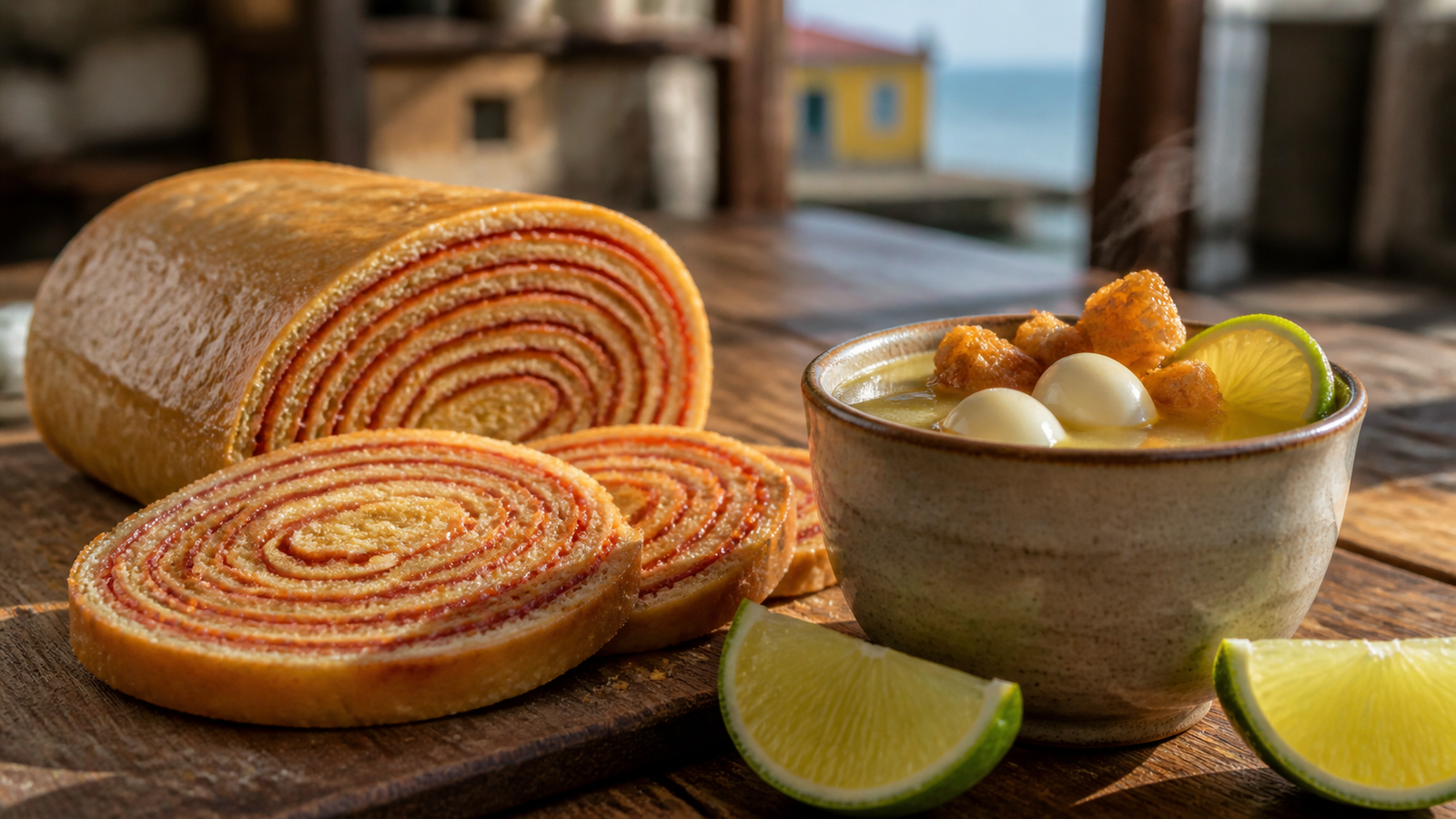 Pernambucan food spread featuring sliced Bolo de Rolo with guava spirals and a cup of caldinho with quail eggs on a wooden table in Recife