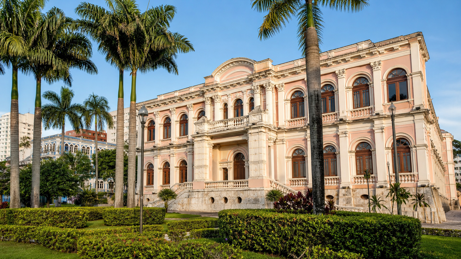 Palacete Provincial neoclassical facade overlooking Praca Heliodoro Balbi in Manaus
