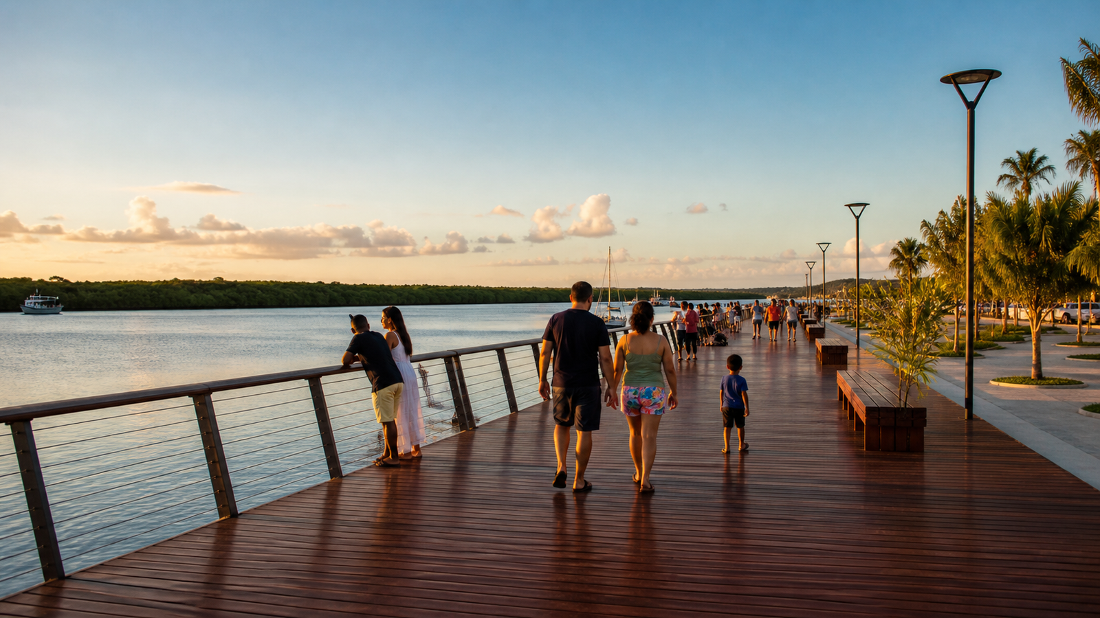 Praia do Jacaré Sunset Guide: How to Experience João Pessoa's Famous River Ritual Without Wasting Time or Money 2 Modern wooden boardwalk promenade at Parque Turístico do Jacaré in Cabedelo during afternoon golden hour
