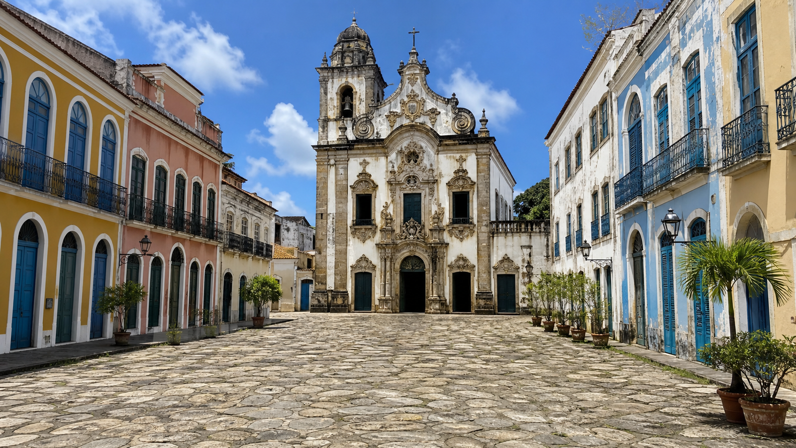Historic cobblestone square of Pátio de São Pedro with Concatedral de São Pedro dos Clérigos in Recife.