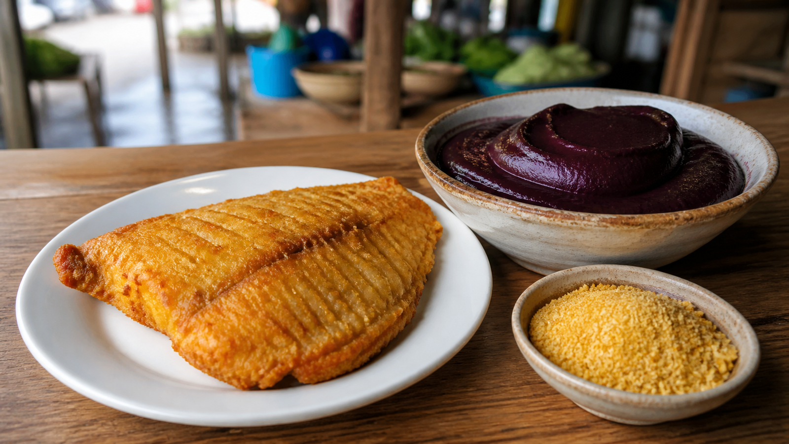 Traditional Paraense lunch of crispy fried river fish served with a bowl of thick unsweetened dark purple açaí and farinha d'água.