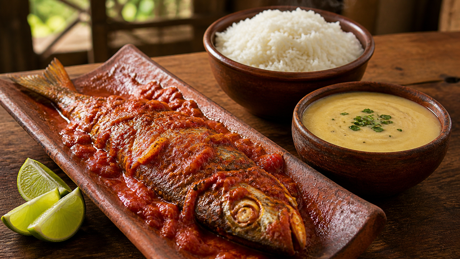Traditional Peixe na Telha freshwater fish baked on a curved terracotta roof tile