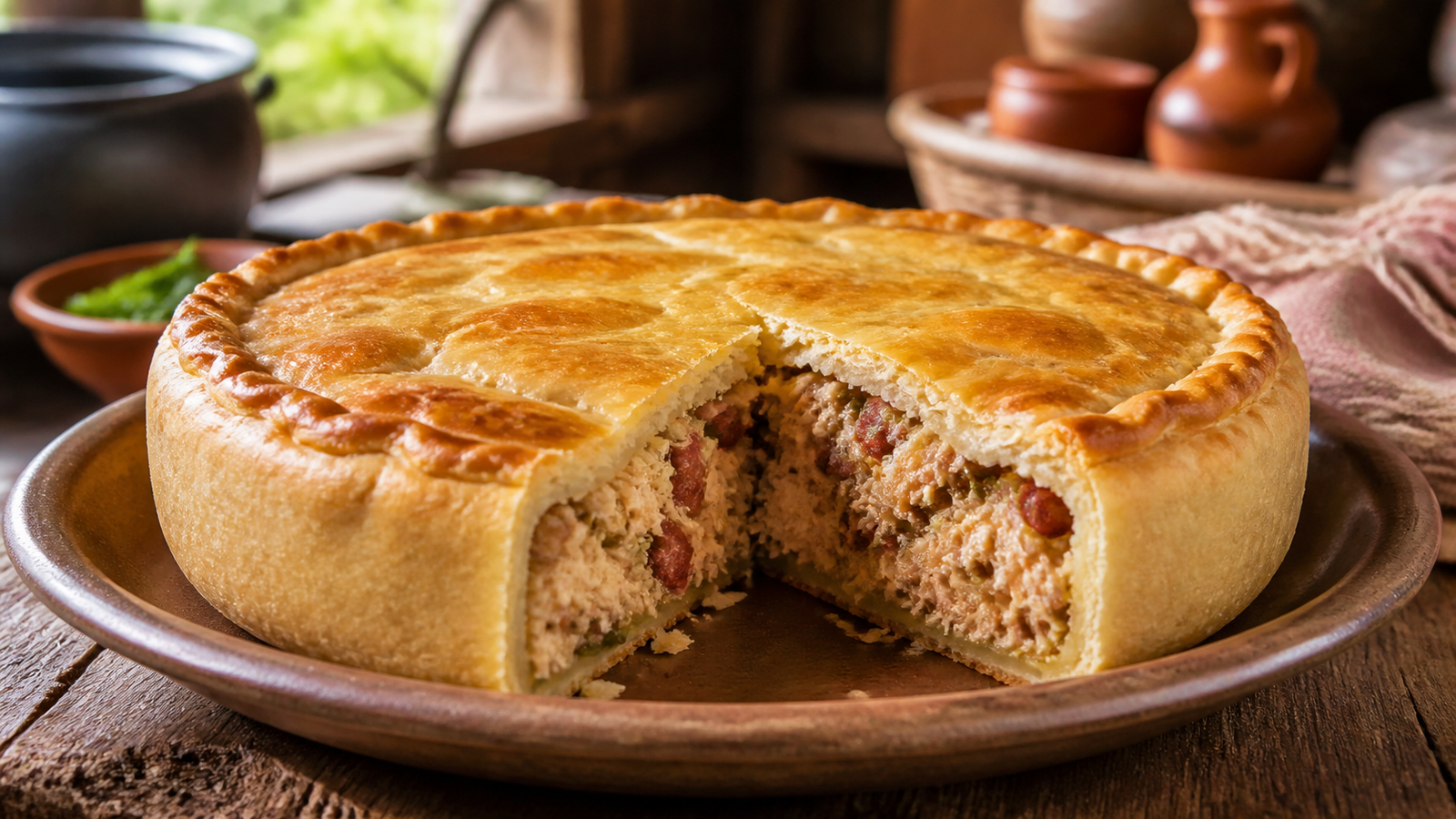 Traditional golden-crusted Empadão Goiano savory pie served in a rustic earthenware plate.
