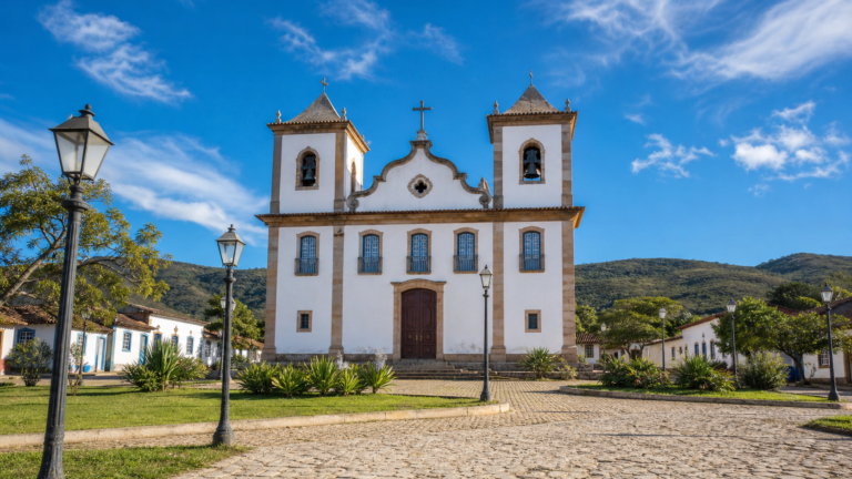 Igreja Matriz de Nossa Senhora do Rosário with whitewashed colonial facade and cobblestone square in Pirenópolis, Goiás