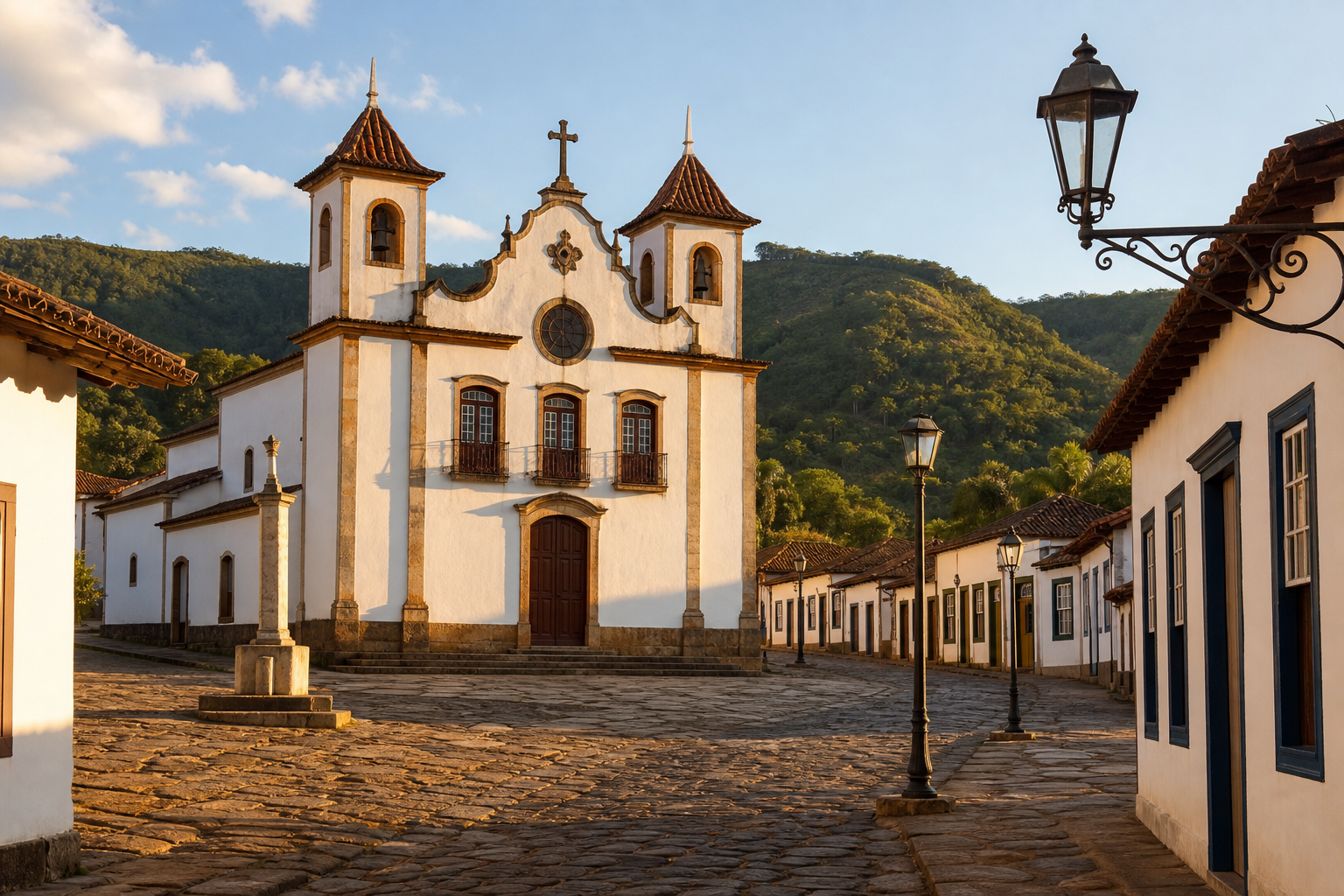Historic Igreja Matriz and colonial cobblestone street in Pirenópolis, Goiás, Brazil under golden afternoon light.