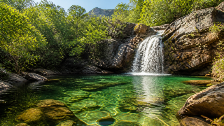 A tranquil crystal-clear waterfall pool in the Cerrado near Pirenópolis, Brazil