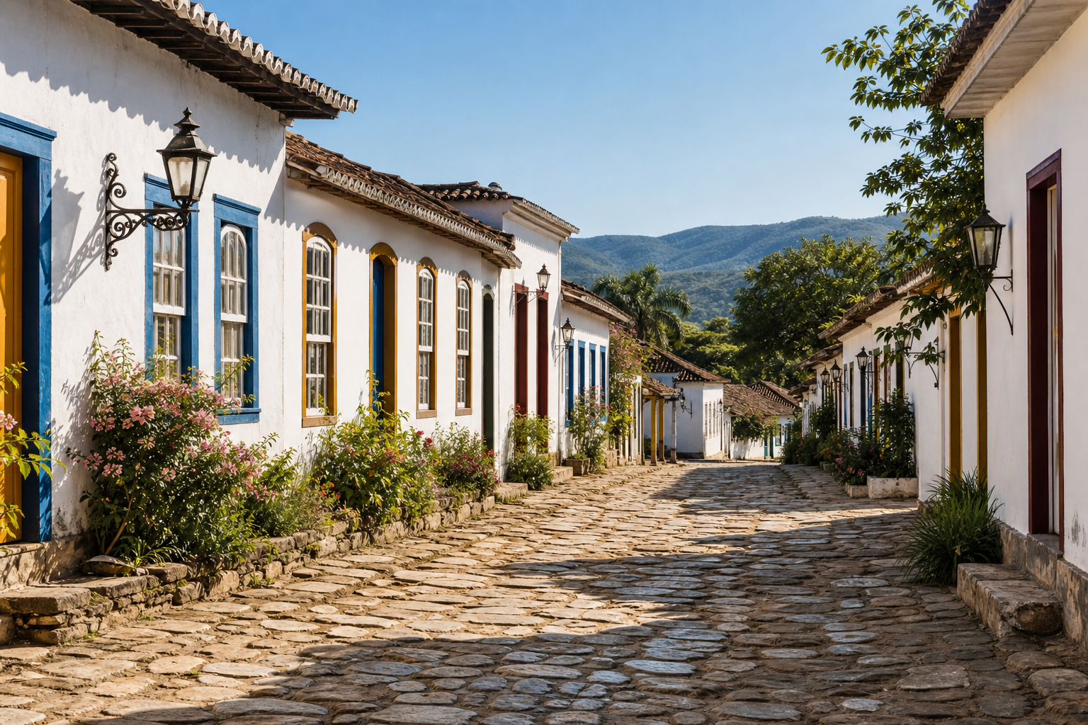 Rua Direita in Pirenópolis with colorful colonial houses and quartz cobblestone pavement