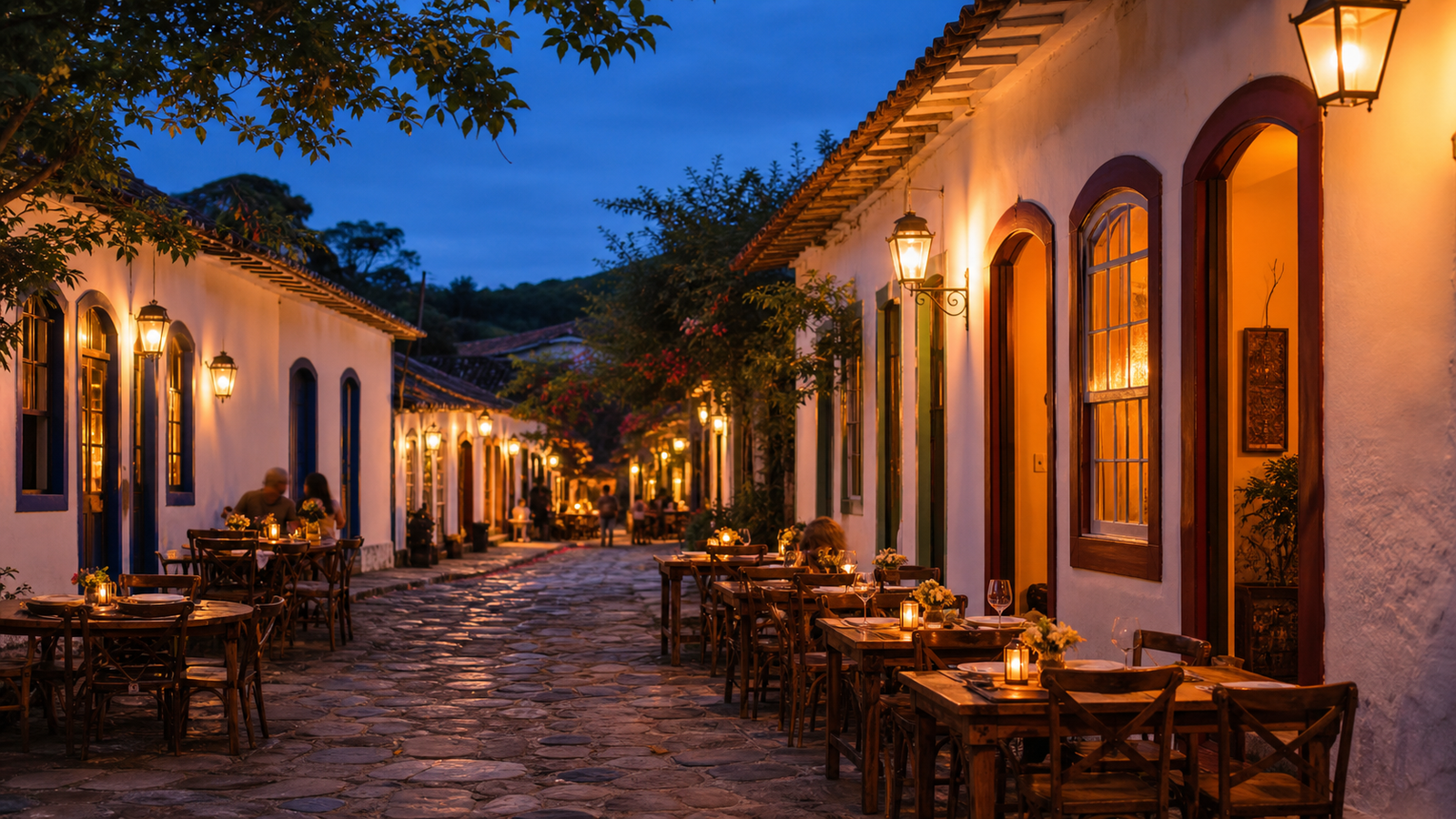 Charming colonial cobblestone street at dusk on Rua do Lazer in Pirenópolis with outdoor restaurant dining tables.
