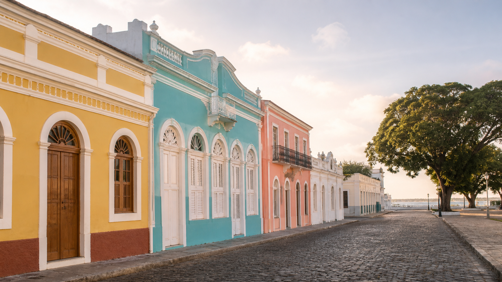 Restored colorful pastel townhouses in yellow, turquoise, and coral lining Praça Antenor Navarro in João Pessoa