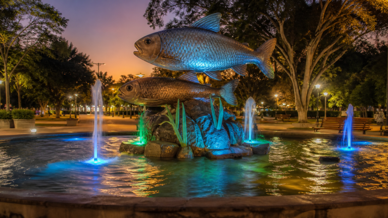 Praça da Liberdade in Bonito featuring the illuminated Monumento das Piraputangas fish fountain at dusk