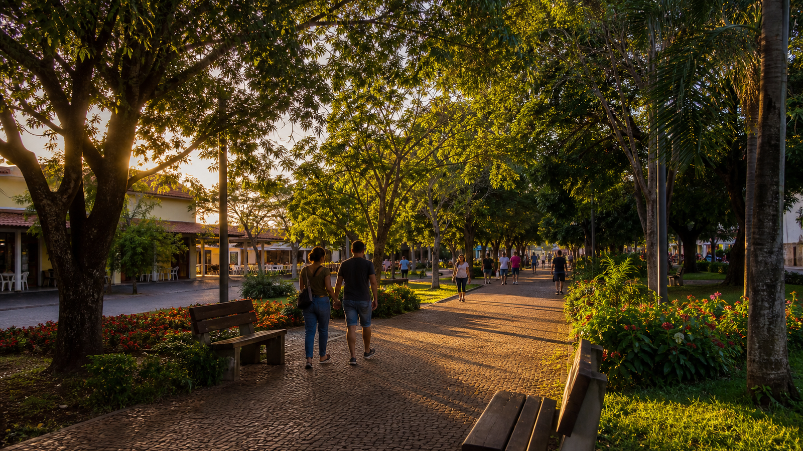Tree-lined pedestrian promenade and benches in Praça da Liberdade Bonito