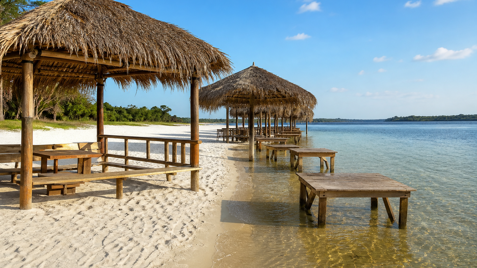 What to Do in Alter do Chão: The Realistic 3 to 4-Day Amazon Itinerary 4 Thatched-roof wooden palhoça kiosks in the shallow freshwater at Praia do Pindobal, Alter do Chão, Brazil