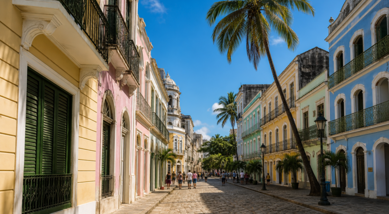 Colorful colonial buildings and cobblestone street on Rua do Bom Jesus in Recife Antigo