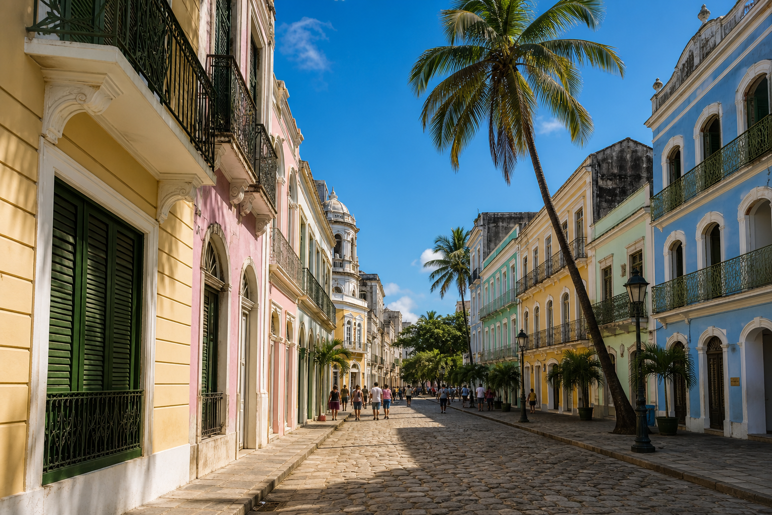 Colorful colonial buildings and cobblestone street on Rua do Bom Jesus in Recife Antigo
