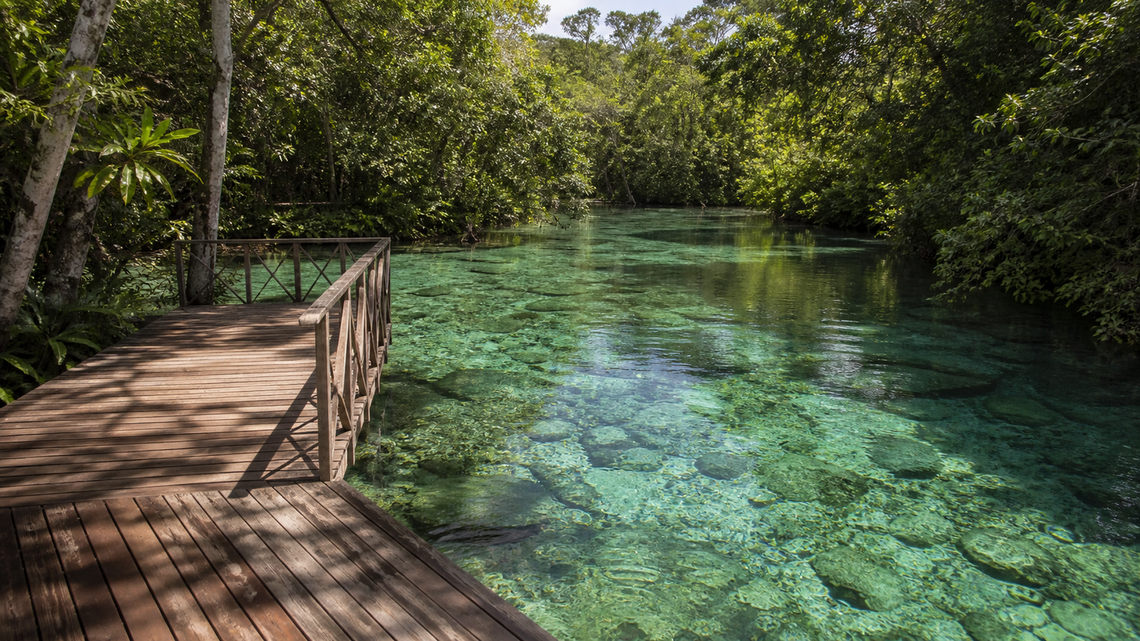 Refúgio da Barra secluded wooden swimming platform over emerald water in Bonito Brazil