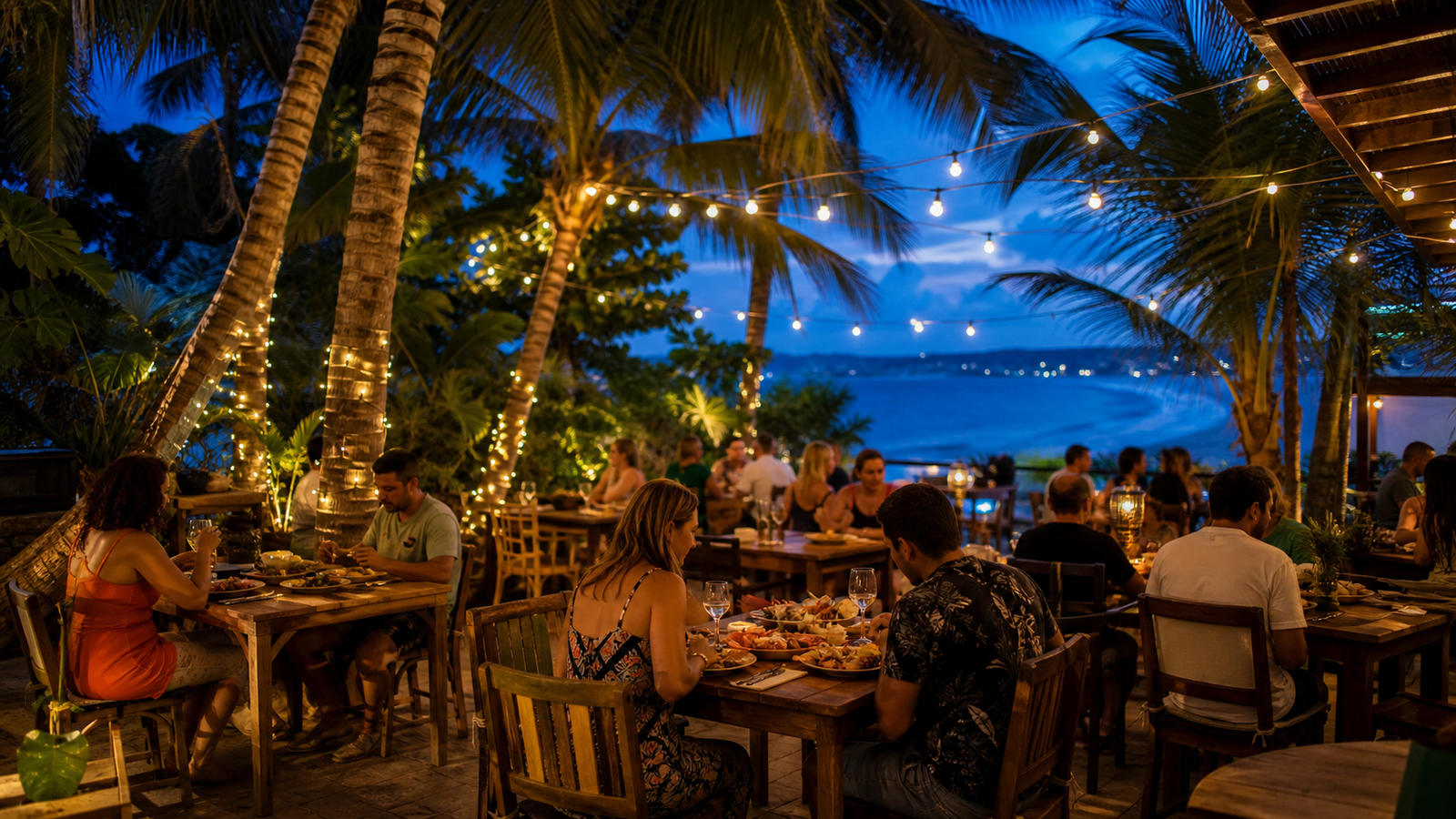 Evening outdoor restaurant patio in Ponta Negra, Natal with tropical lights and diners