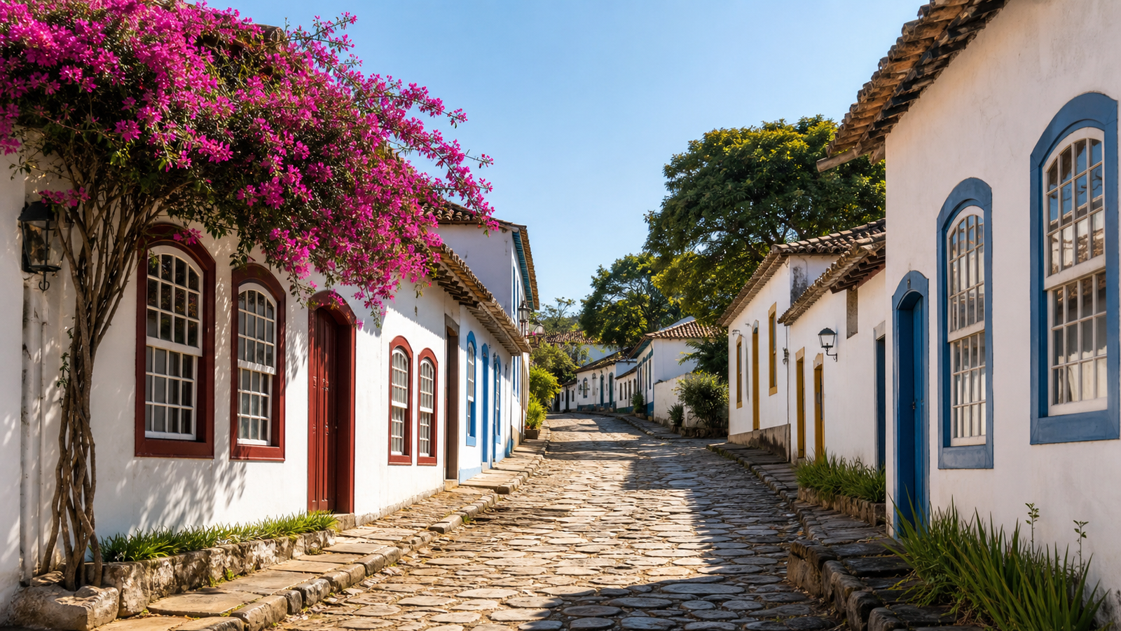 Pirenópolis Beyond the Crowds: 5 Quiet Waterfalls and Charming Streets You Need to Visit 4 Quiet colonial cobblestone street with whitewashed houses and colorful shutters in Pirenópolis, Goiás, Brazil