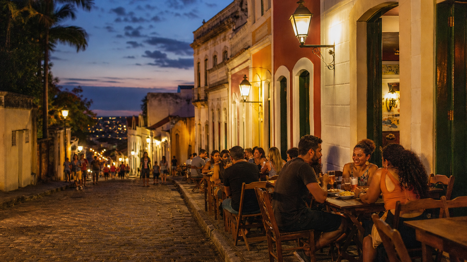 Atmospheric colonial street scene on Rua do Amparo with colorful buildings and outdoor boteco tables