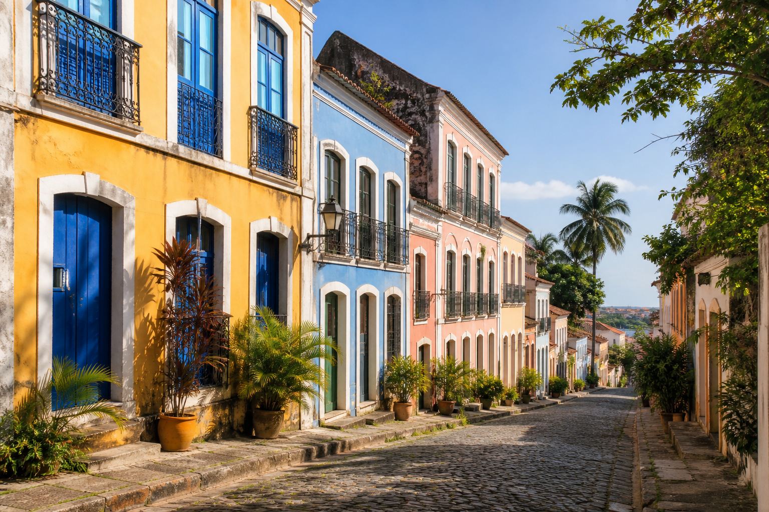 Cobblestone street lined with colorful pastel colonial houses on Rua do Amparo in Olinda