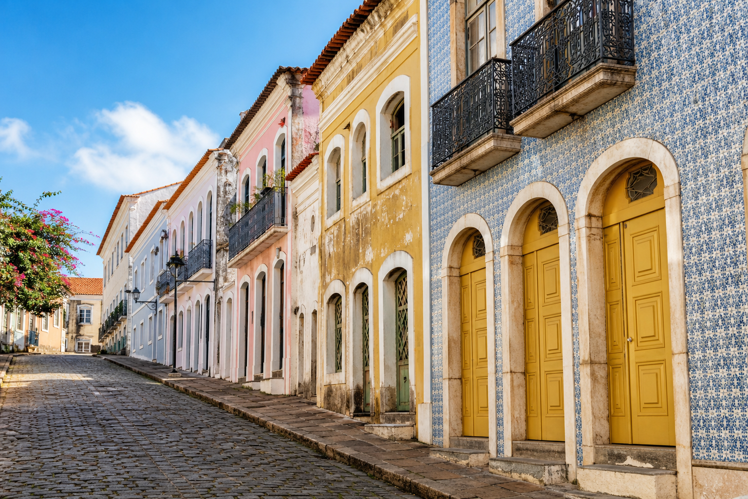 Centro Histórico in São Luís: How to Visit Without Wasting Time or Money 3 Sloping cobblestone street of Rua do Giz lined with pastel colonial houses in São Luís