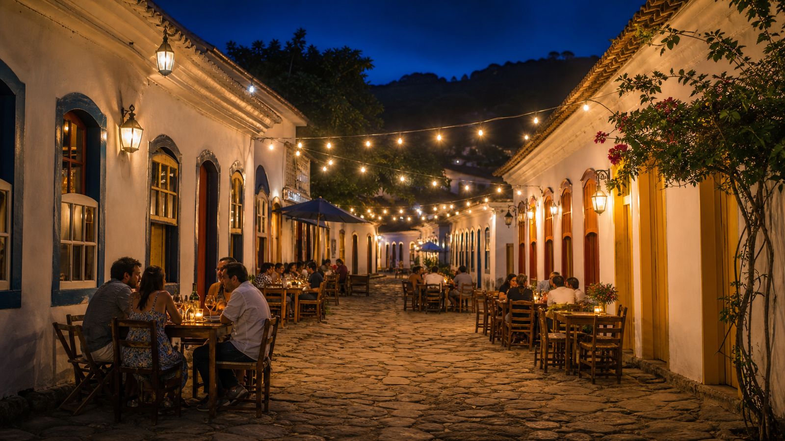 Rua do Rosário (Rua do Lazer) in Pirenópolis at night with illuminated colonial houses, warm fairy lights, and outdoor restaurant tables on cobblestones.