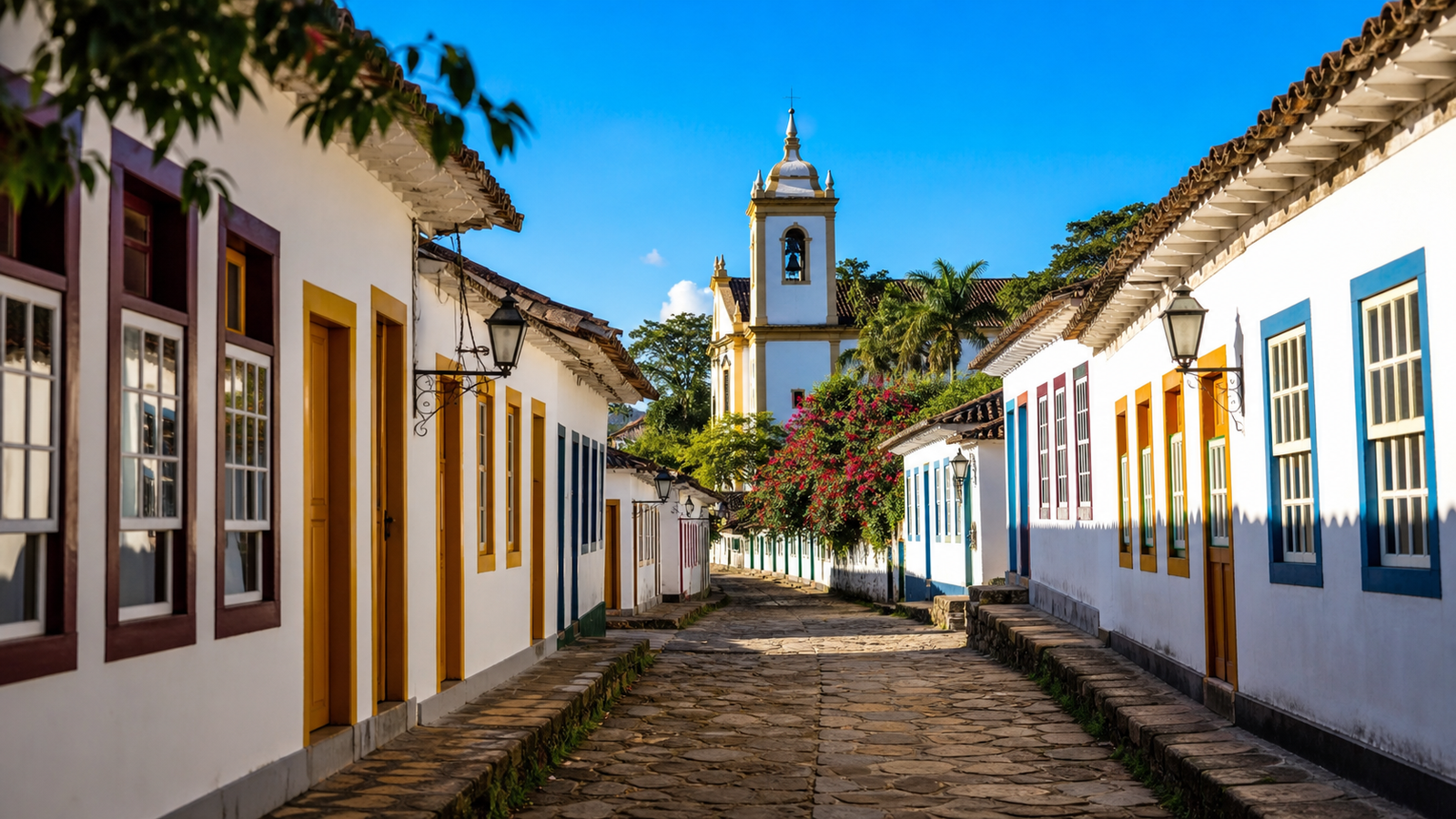 Daytime view of Rua do Rosário in Pirenópolis with colorful colonial Portuguese houses, cobblestones, and the historic church in the distance.