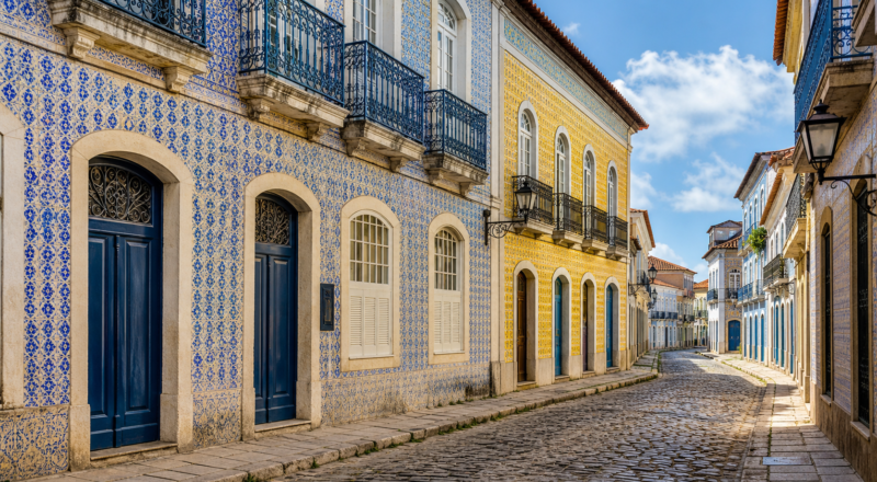 Sunlit colonial streetscape of Rua Portugal in São Luís lined with historic Portuguese tile facades and cobblestones