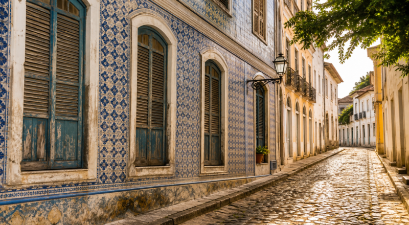Colonial mansion facade with blue and white Portuguese ceramic azulejos in São Luís, Maranhão, Brazil.