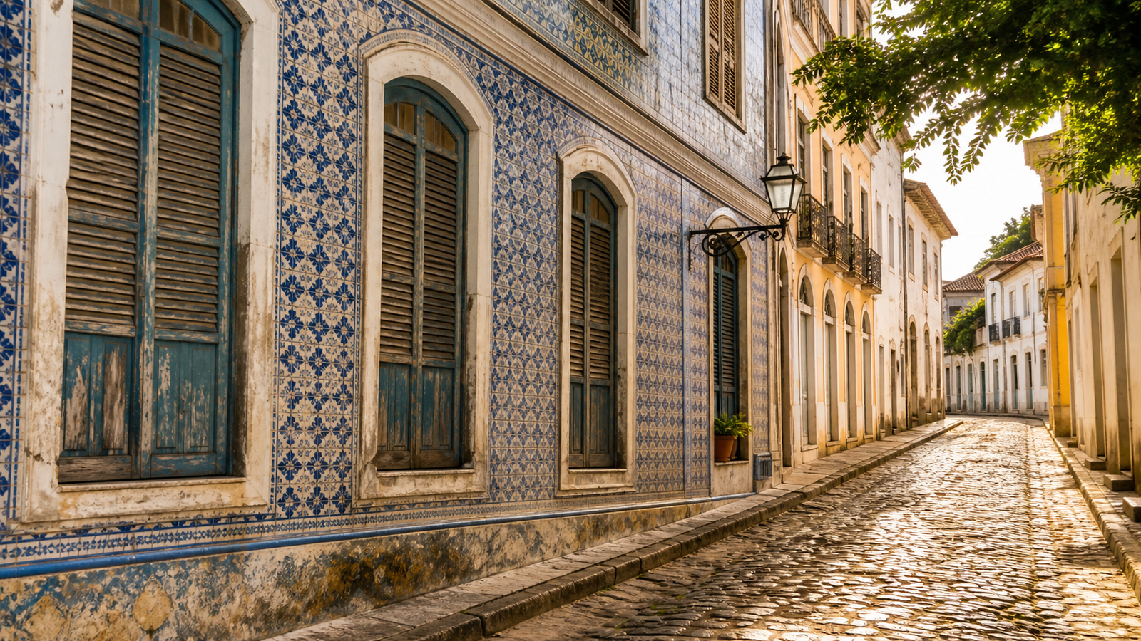 Colonial mansion facade with blue and white Portuguese ceramic azulejos in São Luís, Maranhão, Brazil.