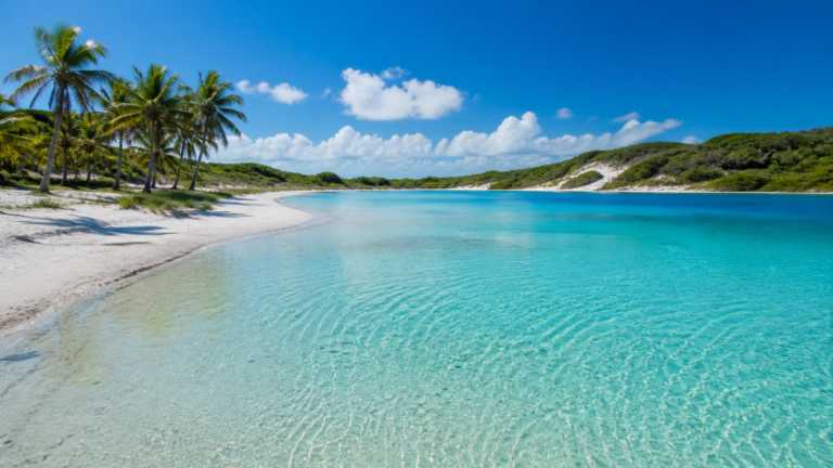 Panoramic view of a crystal-clear freshwater lagoon near Natal with white sand and tropical greenery under bright sunshine