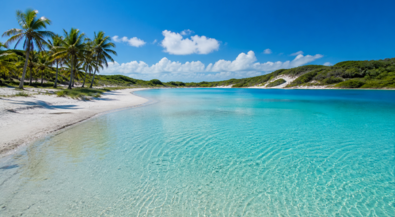 Panoramic view of a crystal-clear freshwater lagoon near Natal with white sand and tropical greenery under bright sunshine