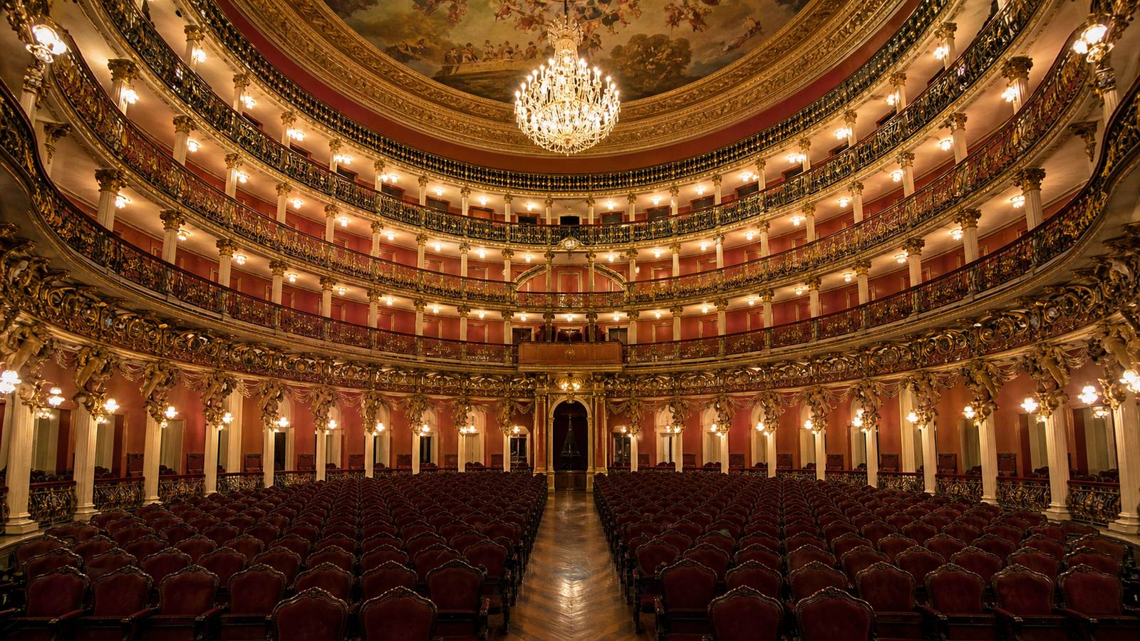 Interior auditorium of Teatro Amazonas showing red velvet seats and gilded tiered balconies