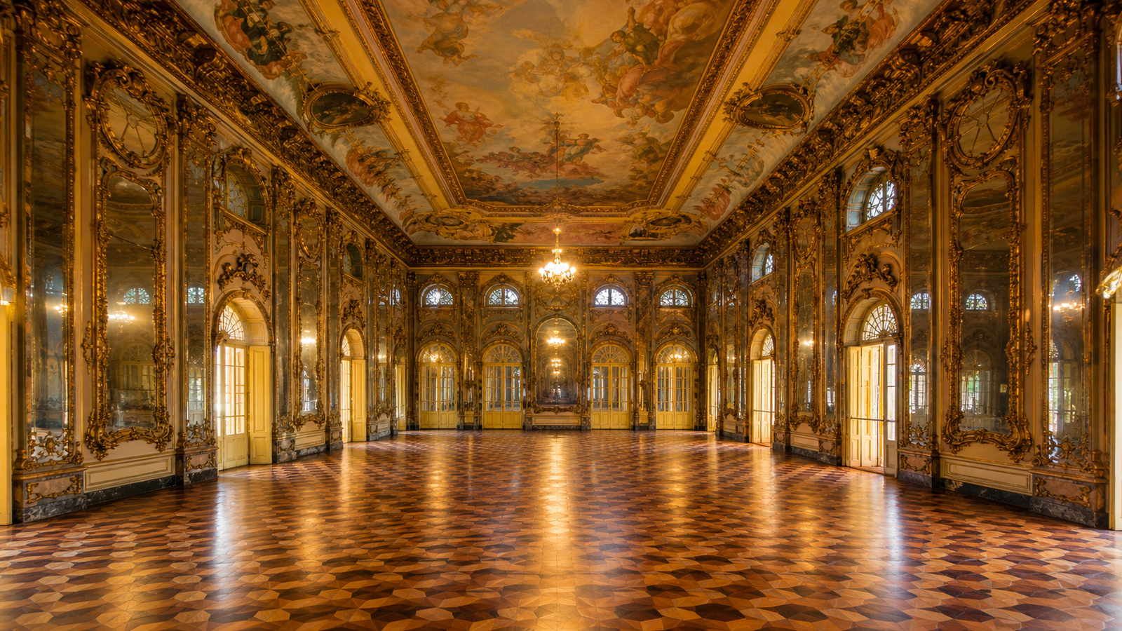 Salão Nobre inside Teatro Amazonas showing the Domenico de Angelis ceiling fresco and hardwood parquet floor