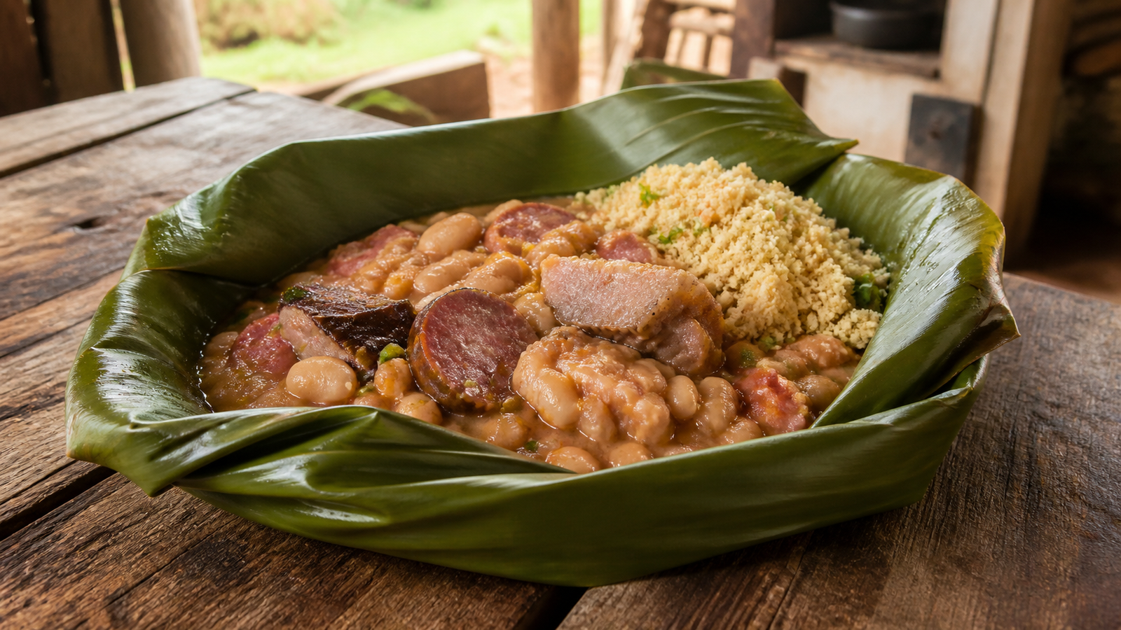 Traditional Brazilian Matula dish served in a fresh green banana leaf with stewed white beans, meats, and farofa.