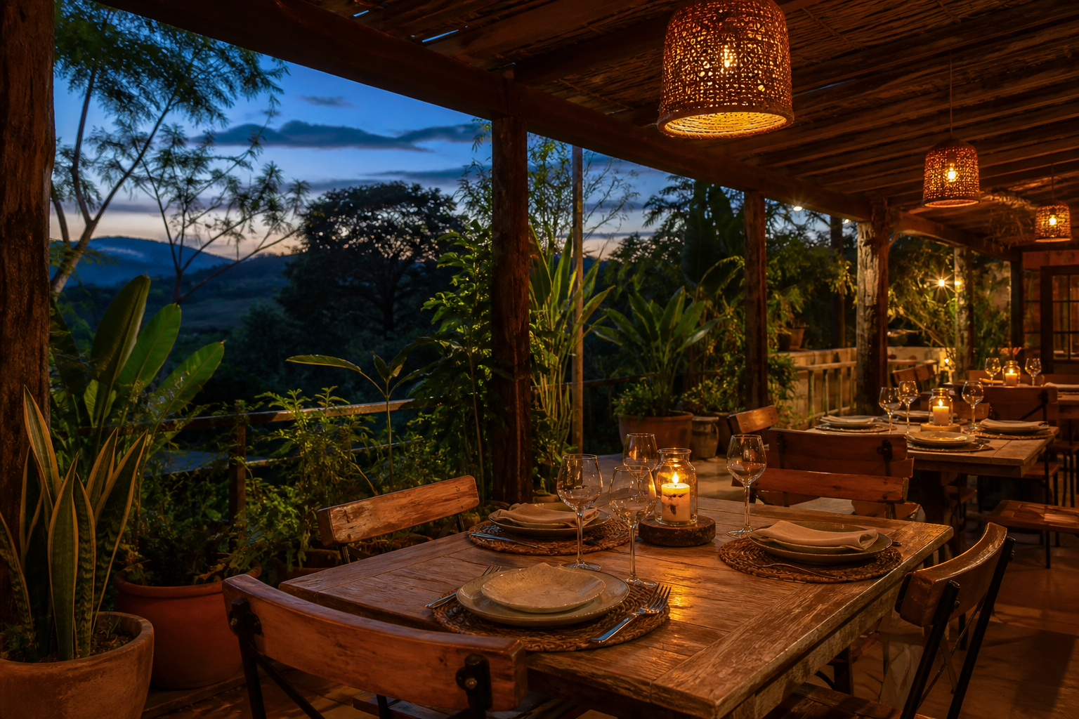 Candlelit open-air restaurant in Vila de São Jorge at dusk