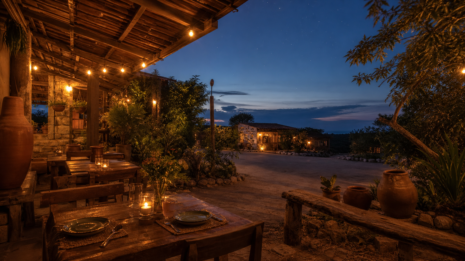 A cozy rustic outdoor restaurant terrace in Vila de São Jorge at dusk with candlelit wooden tables under starry sky.