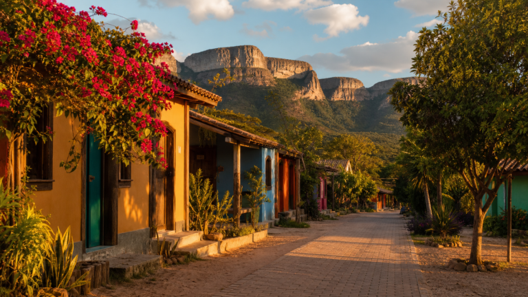 Vila de São Jorge village street with rustic houses and Cerrado mountains in Chapada dos Veadeiros, Brazil