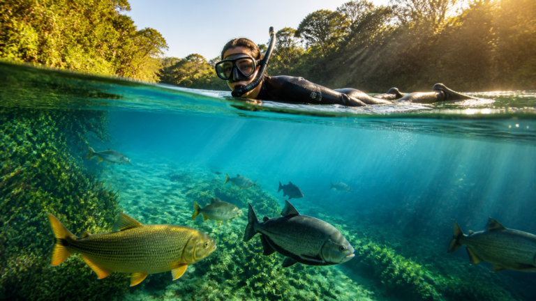 Snorkeler floating in the crystal clear turquoise water of a freshwater river in Bonito Brazil surrounded by swimming fish and green aquatic plants