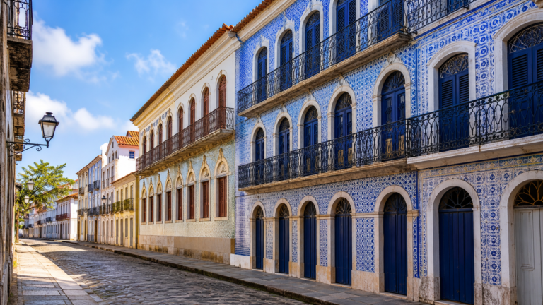 What to Do in São Luís, Maranhão: A Realistic 1 to 2-Day Itinerary 9 Historic cobblestone street in São Luís Maranhão lined with colonial Portuguese tile-covered mansions under morning sunlight.