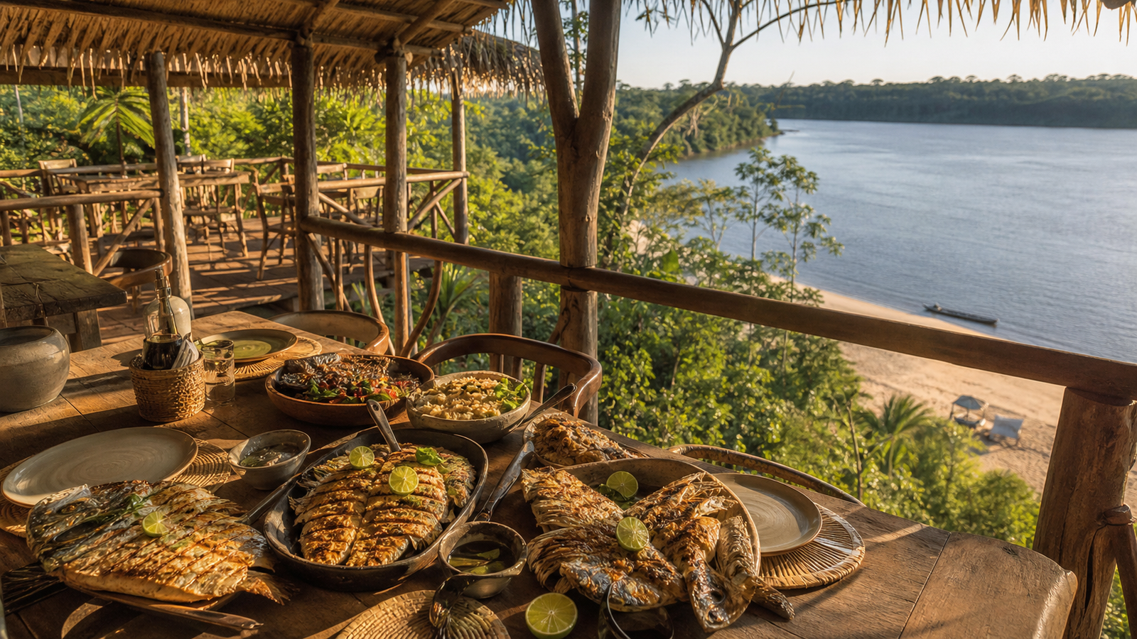 Open-air thatched wooden pavilion terrace overlooking private river beach at Casa do Saulo in Praia do Carapanari