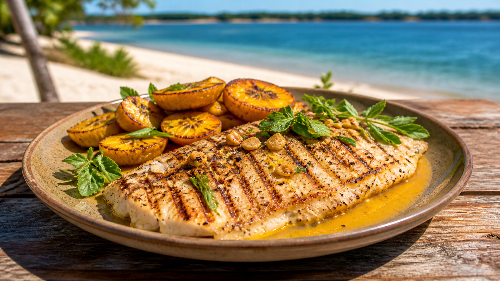 Grilled Amazonian fish fillet with Brazil nut sauce on a wooden table overlooking the Tapajós River beach in Alter do Chão