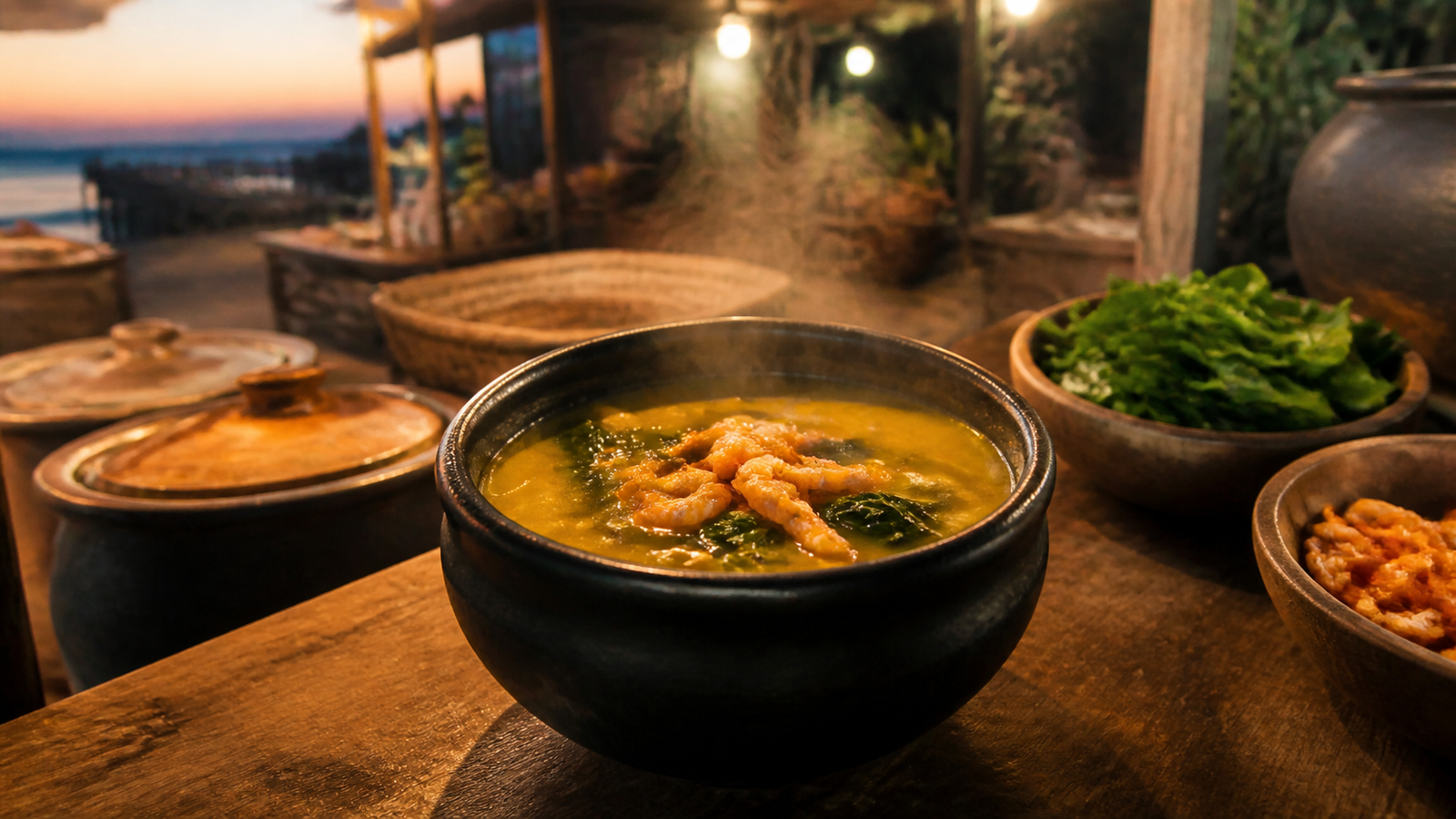 Traditional bowl of Tacacá with yellow tucupi broth, green jambu leaves, and river shrimp in a cuia gourd in Alter do Chão