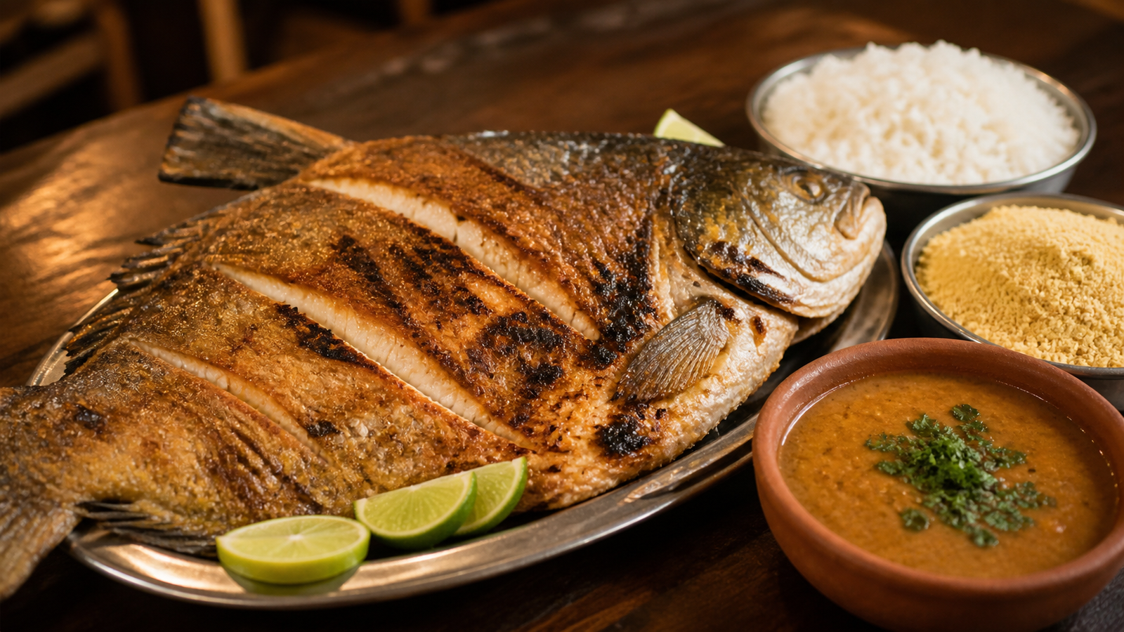 Grilled freshwater fish platter served with pirão, lime, and farofa in a traditional Bonito restaurant