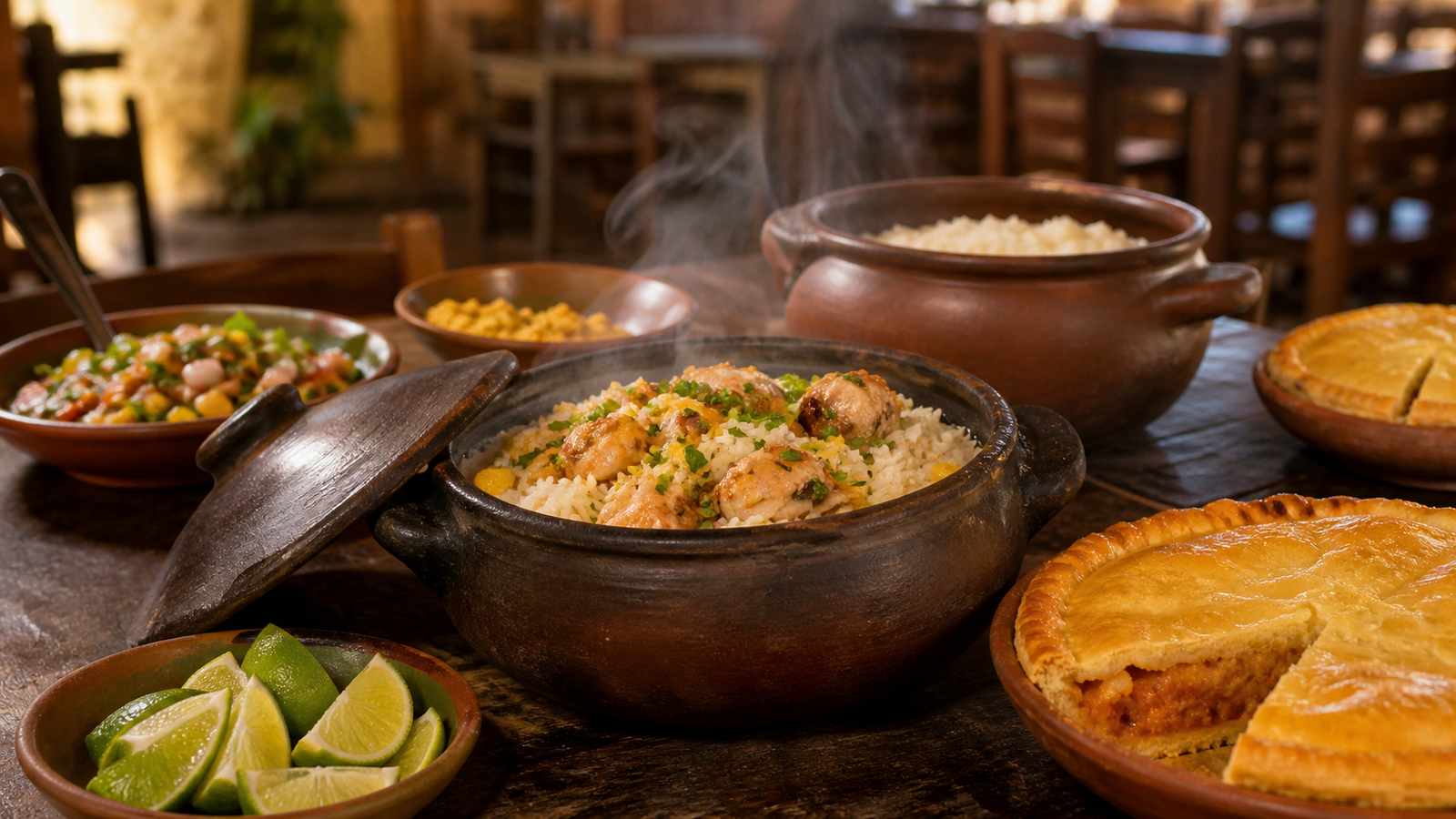 Traditional Goiano dining table with clay cooking pots and chicken rice in Caldas Novas