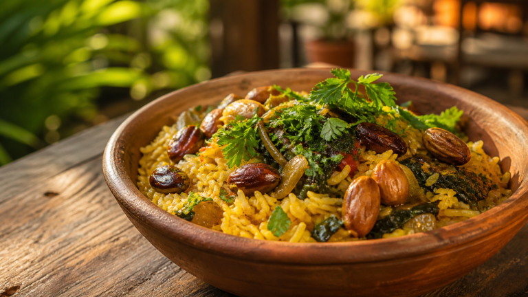 A rustic clay bowl filled with golden rice, roasted baru nuts, and fresh herbs on a wooden table in Chapada dos Veadeiros.