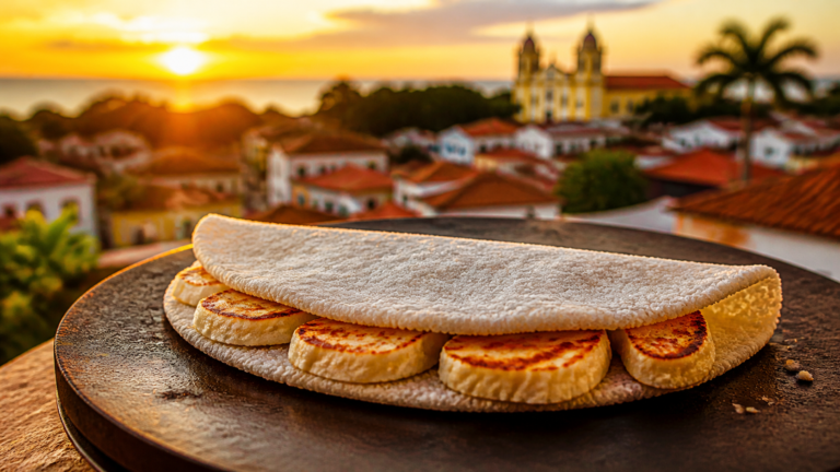 Freshly griddled Brazilian tapioca filled with queijo coalho cheese with the historic rooftops of Olinda in the background at sunset