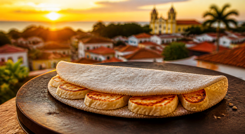 Freshly griddled Brazilian tapioca filled with queijo coalho cheese with the historic rooftops of Olinda in the background at sunset
