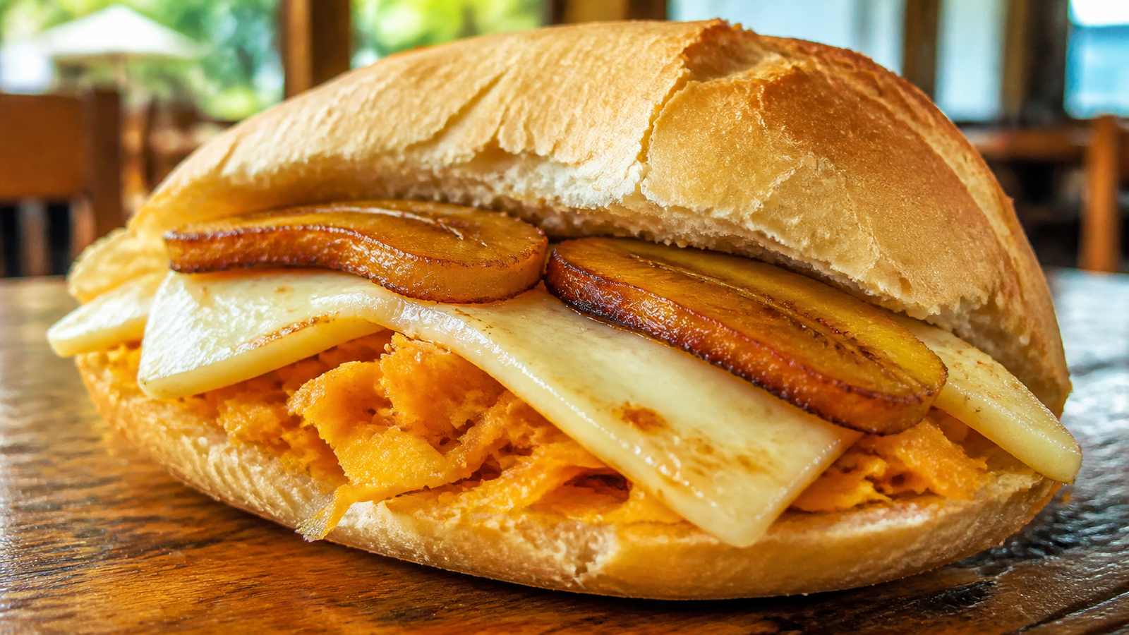 Traditional x-caboquinho sandwich with tucumã shavings, queijo coalho, and fried banana in Manaus