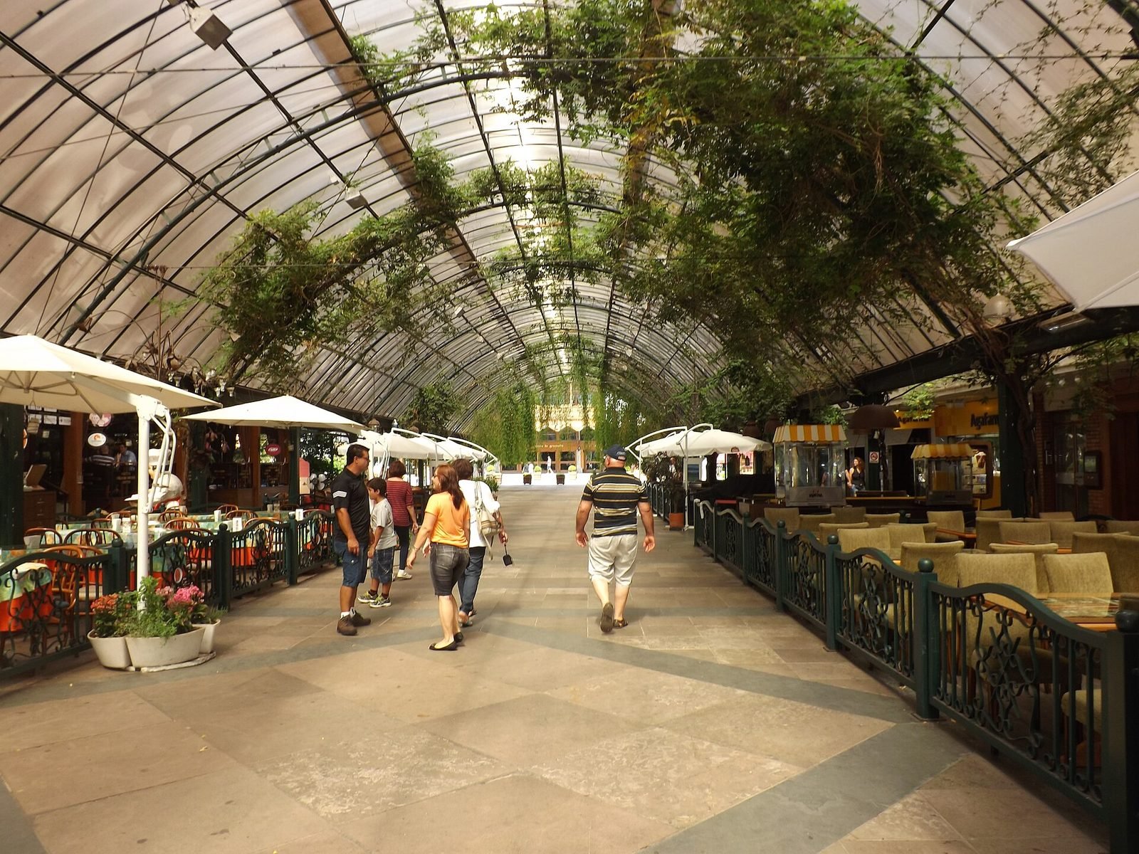 Rua Coberta in Gramado, a glass-roofed street with climbing plants and café tables
