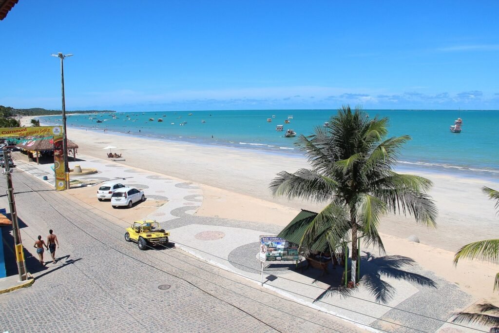 Orla de Maragogi em dia de sol, com coqueiro em primeiro plano, avenida à beira-mar com carros estacionados, faixa de areia clara e o mar em tons de verde e azul-turquesa ao fundo